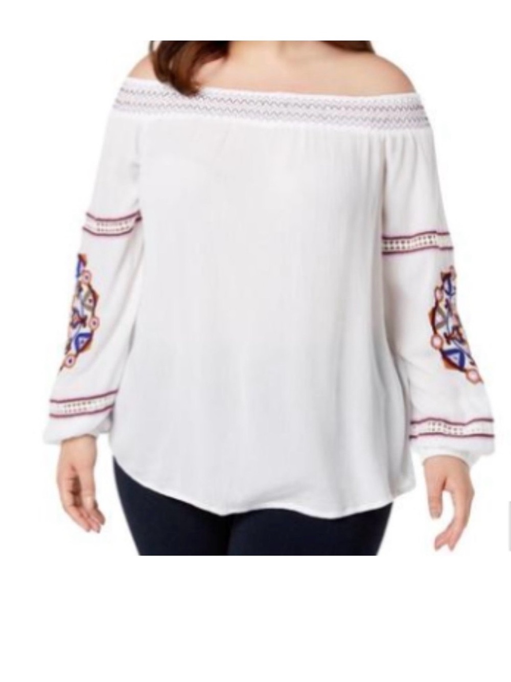 INC International Concepts White Off-Shoulder Embroidered Peasant Top 1X